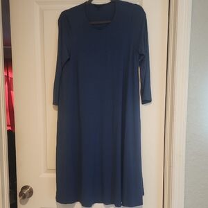 Eileen Fisher Womans Blue Crew Neck A-Line Dress 1/2 Sleeve Washable